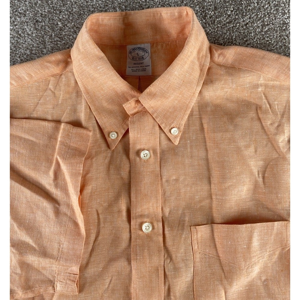 Brooks Brothers Orange Button Down Linen Shirt Mens XL Short Sleeve Preppy Work